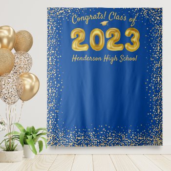 Graduation 2024 Gold Balloons Blue Photo Backdrop by colorfulgalshop at Zazzle