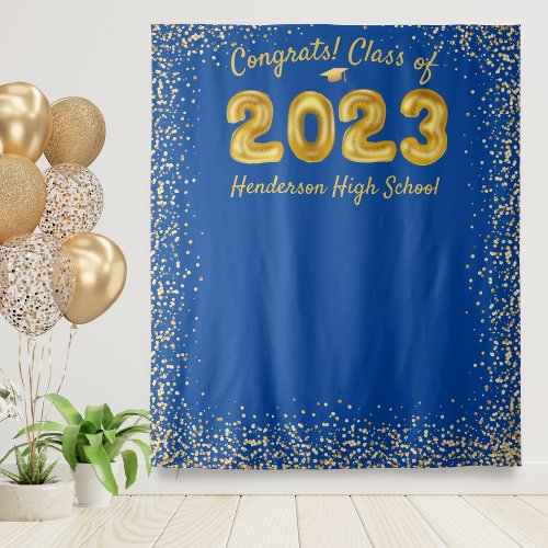 Graduation 2024 Gold Balloons Blue Photo Backdrop