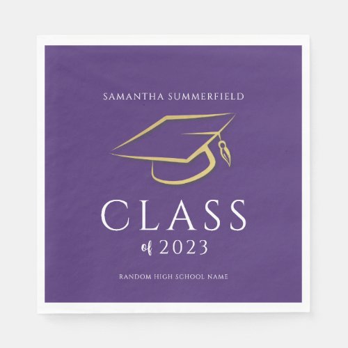 Graduation 2024 Gold Cap Purple Grad Party Paper Napkins