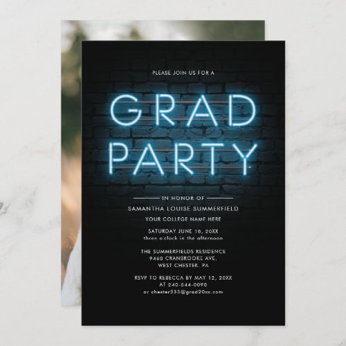 Graduation 2024 Grad Photo Blue Neon Party Invitation