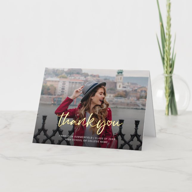 Graduation 2024 Grad Photo Script Thank You Foil Greeting Card (Front)