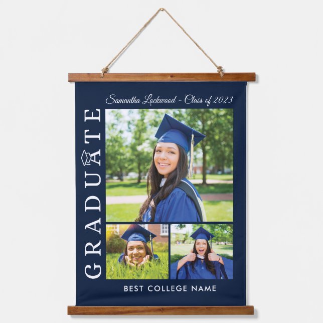 Graduation 2024 Grad Photos Navy Blue Keepsake Hanging Tapestry (Front)