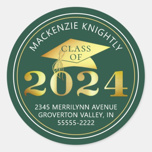 Graduation 2024 Green Faux Gold Return Address Classic Round Sticker