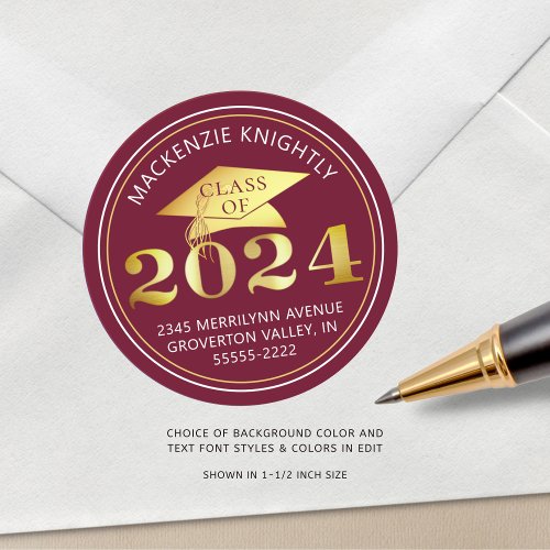 Graduation 2024 Maroon Faux Gold Foil Address Classic Round Sticker