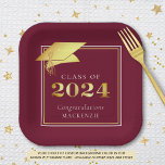 Graduation 2024 Maroon Faux Gold or Custom Color Paper Plates<br><div class="desc">Elegant personalized, custom color CLASS OF 2024 graduation party paper plates with CONGRATULATIONS and your graduate's name accented with a faux metallic gold 2024 and graduation cap or mortarboard in your choice of background color (shown in Maroon) you can change to a school color or coordinating party theme color. ASSISTANCE:...</div>