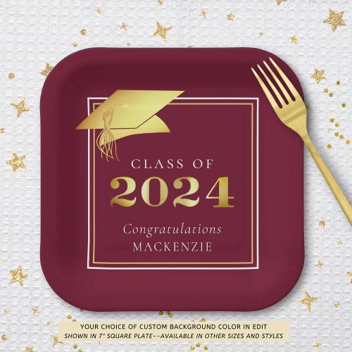 Graduation 2024 Maroon Faux Gold or Custom Color Paper Plates