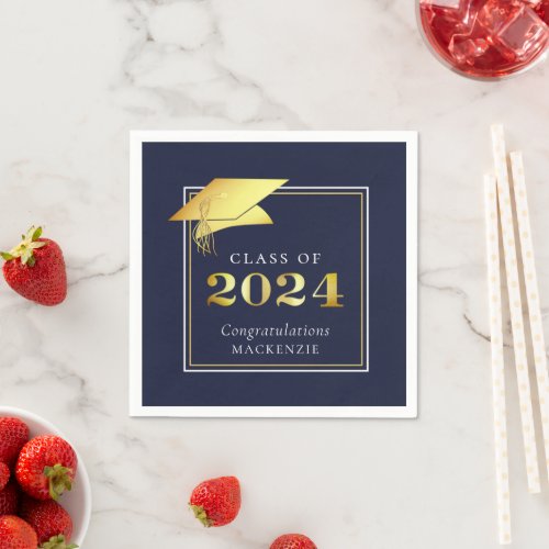 Graduation 2024 Navy Blue Faux Metallic Gold Napkins