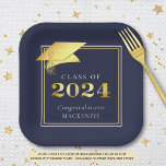 Graduation 2024 Navy Blue Faux Metallic Gold Paper Plates<br><div class="desc">Modern personalized CLASS OF 2024 graduation party paper plates with CONGRATULATIONS and your graduate's name accented with an elegant faux metallic gold foil 2024 and graduation cap or mortarboard in your choice of background color (shown in navy blue) you can change to a school color or coordinating party theme color....</div>