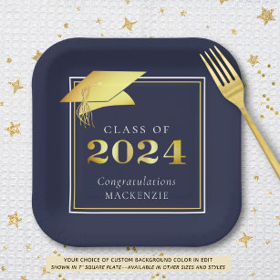 Graduation 2024 Navy Blue Faux Metallic Gold Paper Plates