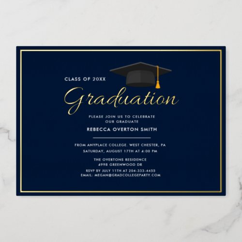 Graduation 2024 Navy Blue Grad Party Gold Foil Invitation