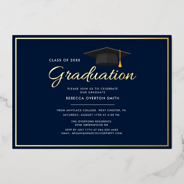 Graduation 2024 Navy Blue Grad Party Gold Foil Invitation (Front)