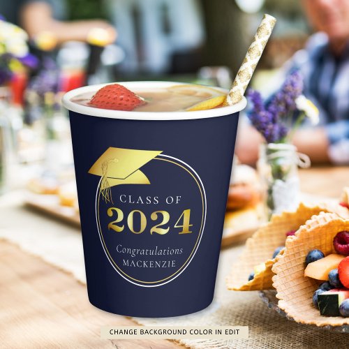 Graduation 2024 Navy Blue Metallic Gold Paper Cups