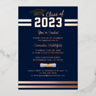 Graduation 2024 Navy Blue Party Rose Gold Foil Invitation