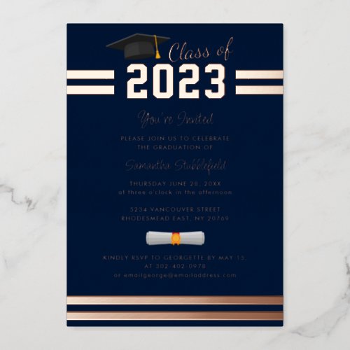 Graduation 2024 Navy Blue Party Rose Gold Foil Invitation