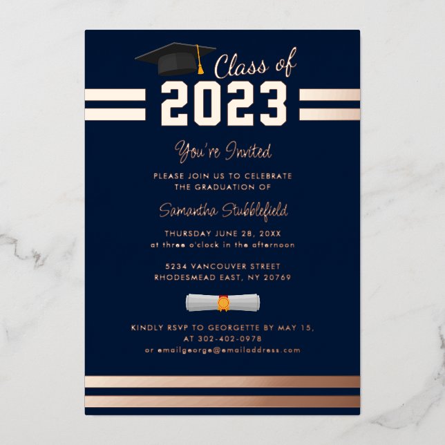Graduation 2024 Navy Blue Party Rose Gold Foil Invitation (Front)