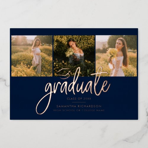 Graduation 2024 Navy Blue Photo Collage Rose Gold Foil Invitation