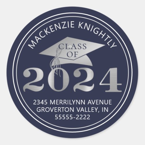 Graduation 2024 Navy Faux Silver Return Address Classic Round Sticker