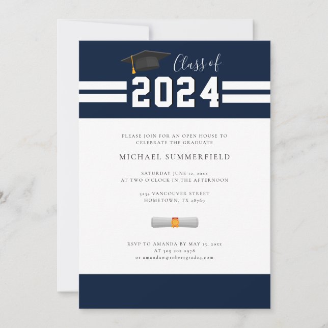 Graduation 2024 Navy White Photo Open House Party Invitation (Front)