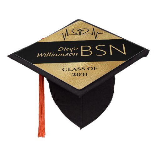 Graduation 2024 NURSE RN BSN Black Gold Graduation Cap Topper