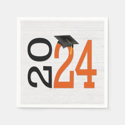 Graduation 2024 Orange and Black On Wood  Napkins