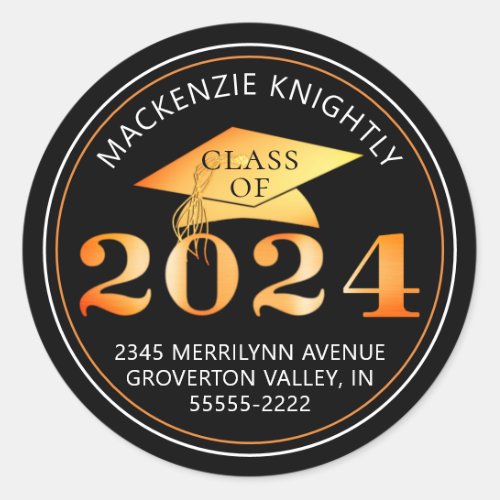 Graduation 2024 Orange Foil Return Address Classic Round Sticker