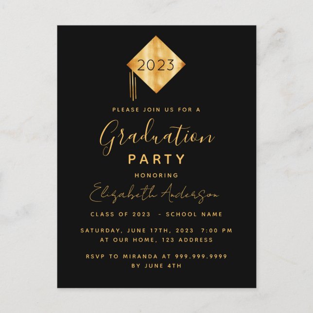 Graduation 2024 party topper black gold invitation postcard (Front)