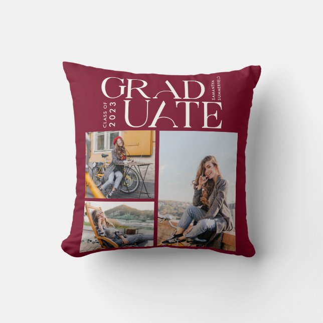 Graduation 2024 Photo Collage Burgundy Graduate Throw Pillow (Front)