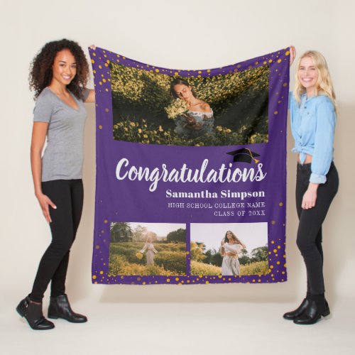 Graduation 2024 Photo Collage Graduate Purple Fleece Blanket