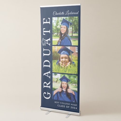 Graduation 2024 Photo Collage Navy Blue and White Retractable Banner