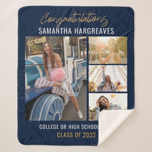  Graduation 2024 Photo Collage Navy Blue Grad Sherpa Blanket