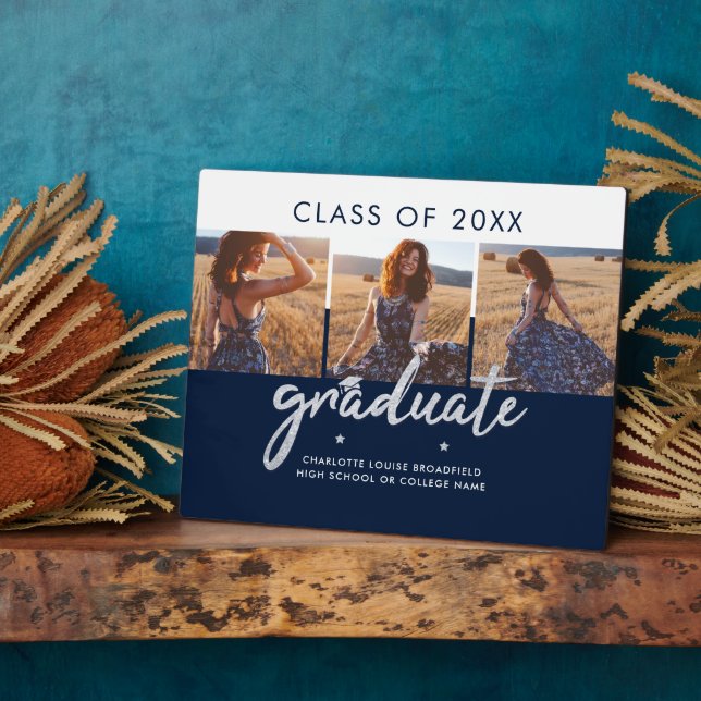 Graduation 2024 Photo Collage Navy Blue Keepsake Plaque (Side)
