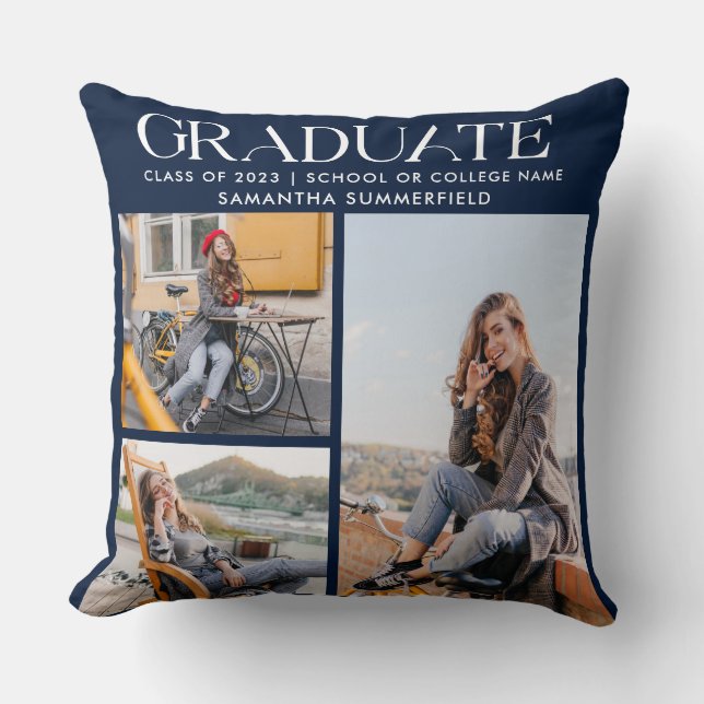 Graduation 2024 Photo Collage Navy Blue Keepsake Throw Pillow (Front)