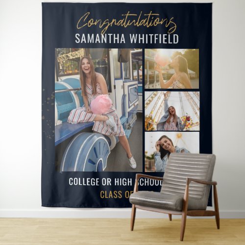 Graduation 2024 Photo Collage Navy Blue Photobooth Tapestry