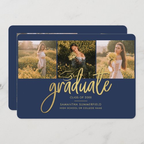 Graduation 2024 Photo Collage Navy Gold Script Announcement