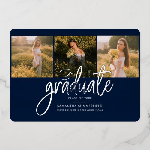 Graduation 2024 Photo Collage Script Navy Silver Foil Invitation