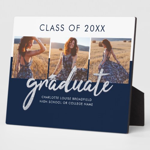 Graduation 2024 Photo Collage Silver Grad Navy Plaque