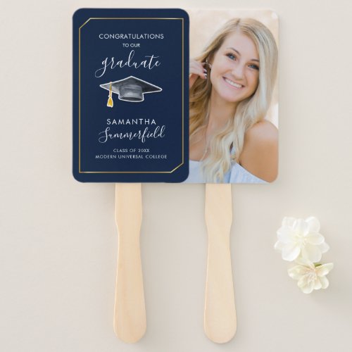 Graduation 2024 Photo Script Navy Blue Grad Party Hand Fan