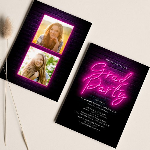 Graduation 2024 Pink Neon Script 2 Photos Party Invitation