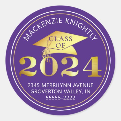 Graduation 2024 Purple Faux Gold Return Address Classic Round Sticker