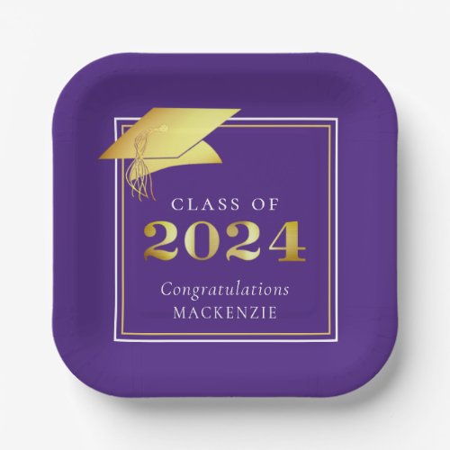 Graduation 2024 Purple Faux Metallic Gold Paper Plates