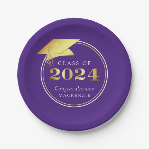 Graduation 2024 Purple Faux Metallic Gold Paper Plates