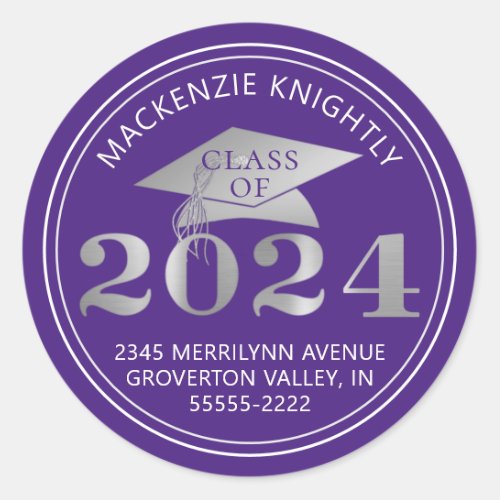 Graduation 2024 Purple Faux Silver Return Address Classic Round Sticker