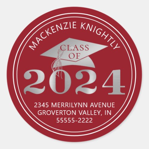 Graduation 2024 Red Faux Silver Return Address Classic Round Sticker