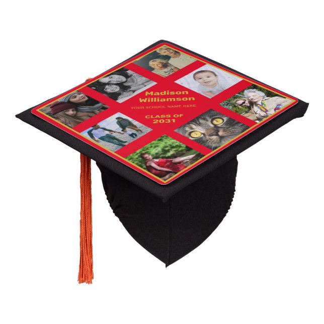 Graduation 2024 Red Gold Photo Collage Cap Topper (Angled)