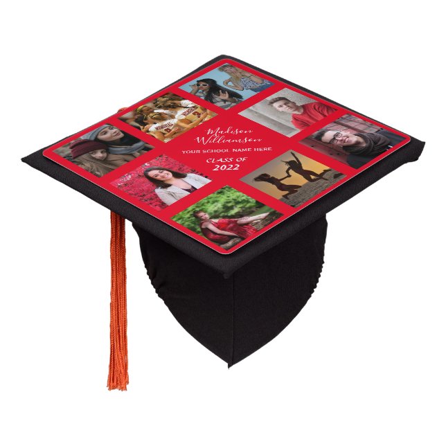 Graduation 2024 Red White Name Photo Collage Graduation Cap Topper (Angled)