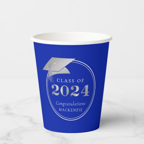 Graduation 2024 Royal Blue Silver Personalized Paper Cups