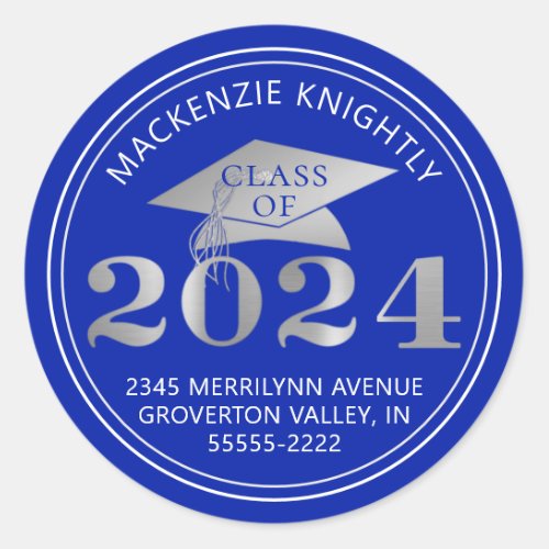 Graduation 2024 Royal Blue Silver Return Address Classic Round Sticker