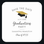 Graduation 2024 Save the Date Graduate Party Square Sticker<br><div class="desc">Create your own college or high school graduation party save the date with our modern trendy grad design template. Featuring a gold and black graduation cap,  script hand-lettered typography,  and the graduation details you can easily customize to make a unique announcement for your graduation party</div>
