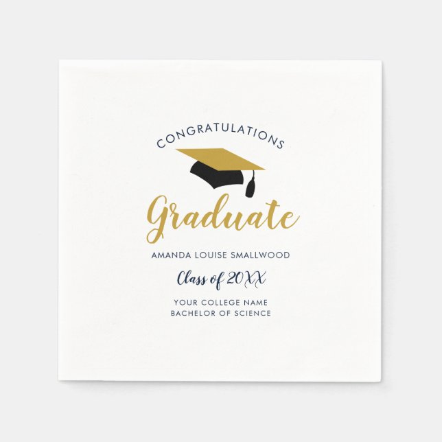 Graduation 2024 Script Gold Cap Grad Party Paper Napkins (Front)