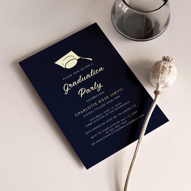 Graduation 2024 Script Navy Blue Grad Party Gold Foil Invitation (Creator Uploaded)